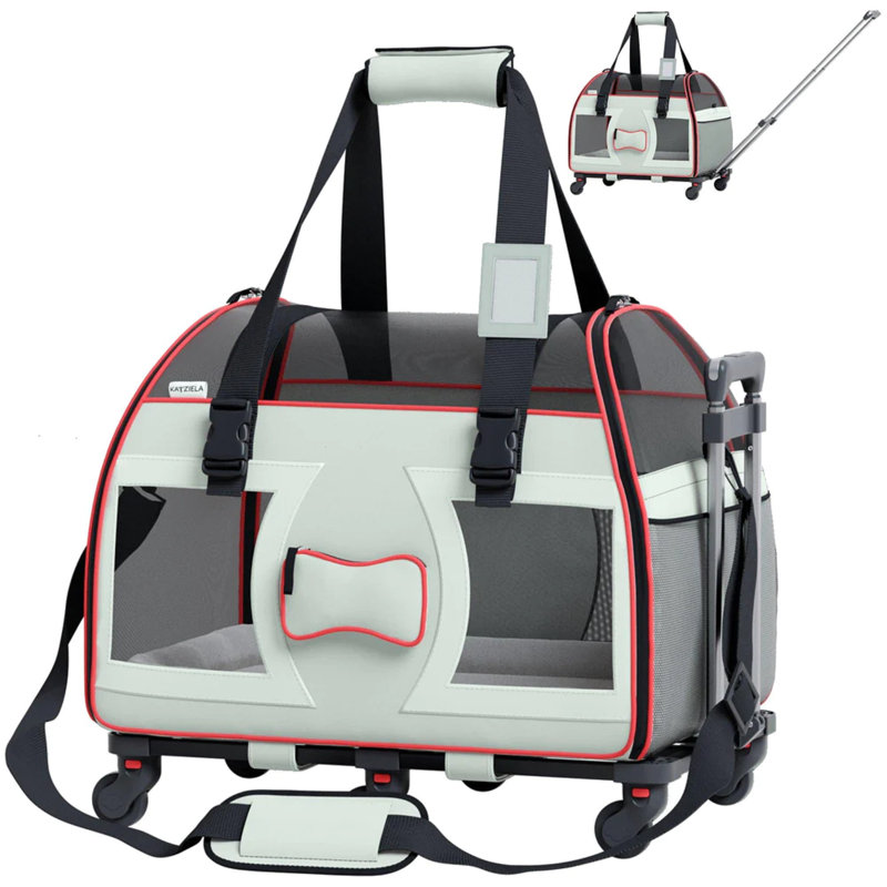 Katziela Cianan Pro Pet Carrier  Removable Wheels and Telescopic Handle, White, 11" H x 13" W x 19" D