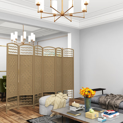 6 Panel Privacy Screen, Folding Room Divider 5.6', Wave Fiber Partition Wall, Natural Wood Placid For Living Room, Bedroom, Workspace Divider, 5.6' Reassuring Office Area