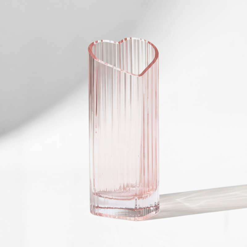  Elara 8.5" Heart-Shaped Pink Ribbed Glass Vase, Pink