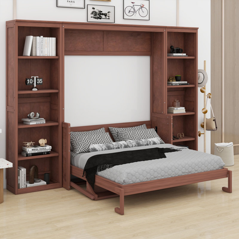Lit escamotable moderne avec bureau et tablettes ouvertes, Dark Brown