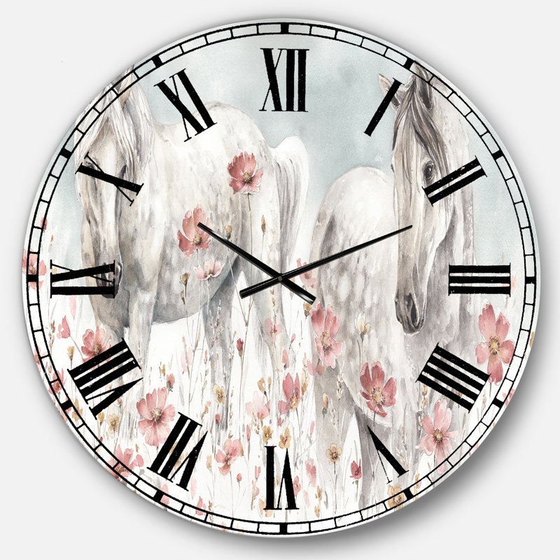 Watercolors Pink Wild Horses - Horloge murale traditionnelle, Grand