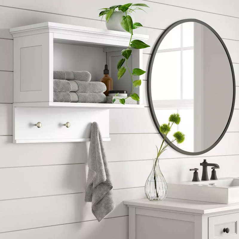 Wall Shelf with Hooks White -  Microfiber, Non-Slip Backing