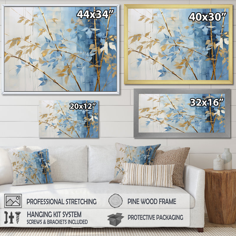 «Blue and Gold Bamboo Dance - Bamboo Canvas Wall Art_106586», Toile tendue, H 16 po x l 32 po