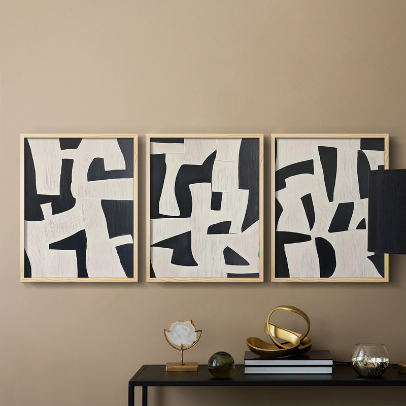 Abstract  Series  CXCV  -Set Of 3 Framed Giclee Prints -Ready to Hang, 10" H x 24" W, Natural