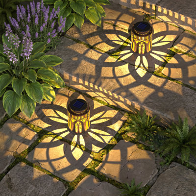 2 Pack Solar Gold Hanging Lantern Lights Outdoor - Waterproof Metal LED Warm Light Garden Patio Decor