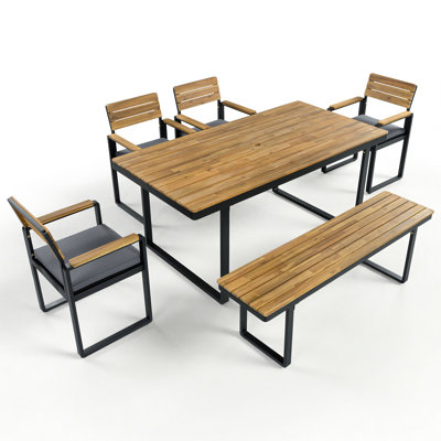 Ensemble de salle à manger 6 pièces en bois d'acacia, 1 table avec 4 chaises, coussins et 1 banc pour 6 à 7 personnes