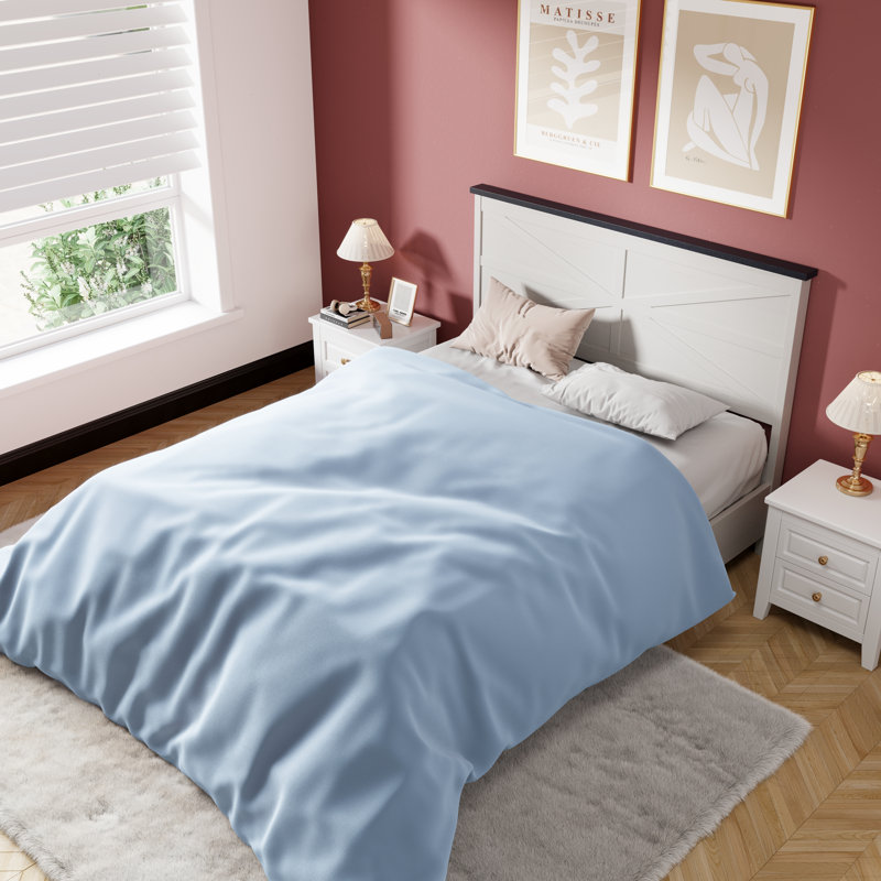 Farmhouse Queen Size Bed, Wood Platform Bed Frame And High Headboard, Off White, White