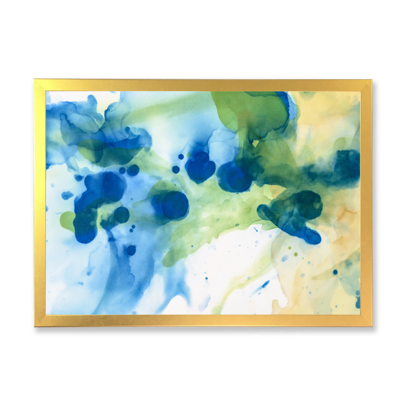 Green Blue Splashes Ink - Painting on Canvas, Gold Picture Framed, 24" H x 36" W x 1.5" D