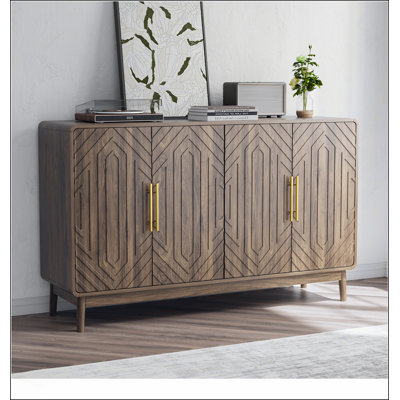 Buffet sculpté à 4 portes avec tablettes réglables, parfait pour un rangement élégant et fonctionnel dans n'importe quelle pièce