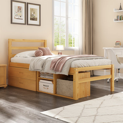 Twin Size Wood Platform Bed With Removable Storage Shelves BuiltIn Two Storage Drawers For Added Convenience