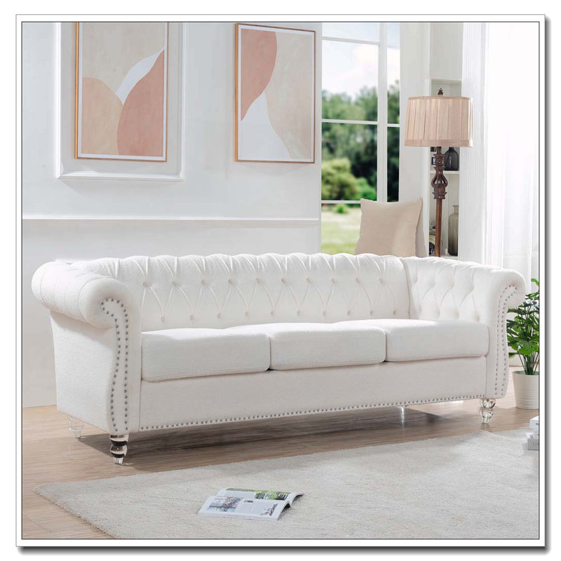 Canapé Chesterfield à accoudoirs roulés 3 places 84,65 po, Polyester blanc