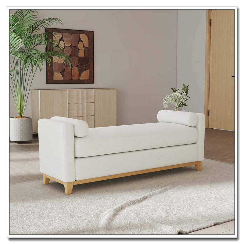 Solid Wood Upholstered Bench, Beige+Natural, 66.34 inch