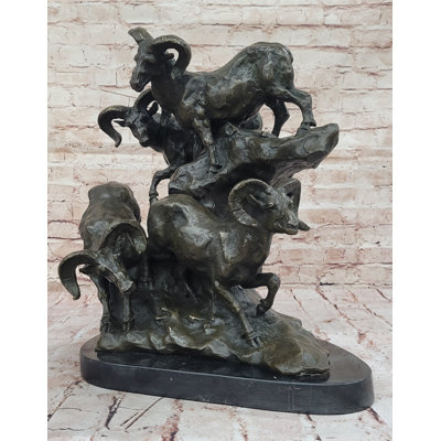 Dynamic Bronze Sculpture of Rams on Rocky Outcrop – Wildlife Scene on Marble Base
