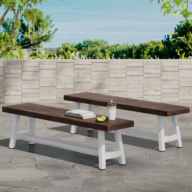 Paire de bancs d'extérieur en bois, avec une touche industrielle moderne, un dessus de banc à lattes, l 63 po x P 14,44 po H 17,5 po