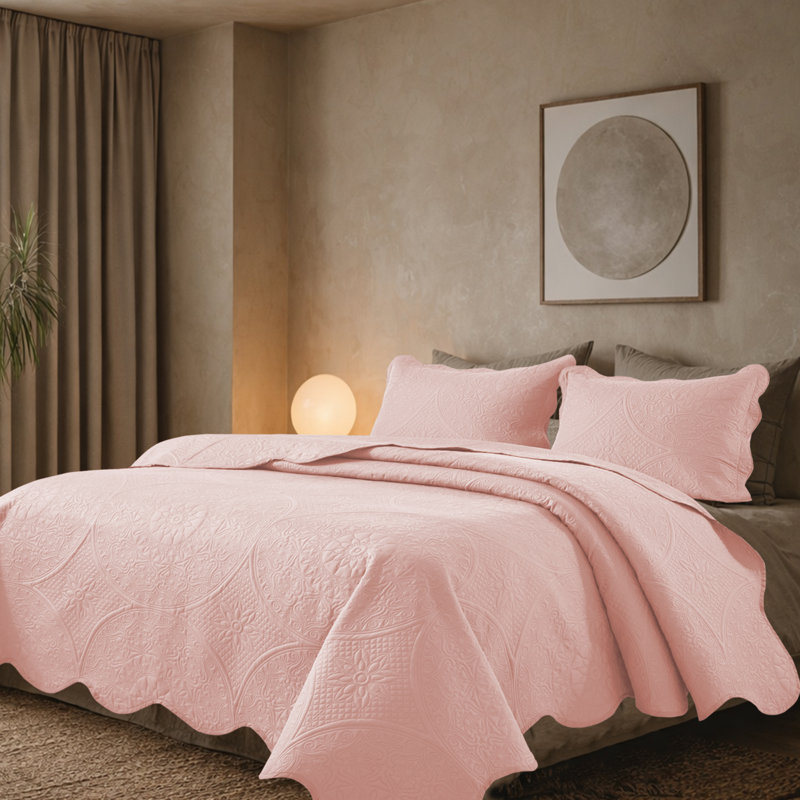 Floral Embossed Microfiber Quilted Bedspread Set, Peach, California King Bedspread + 2 King Pillowcases