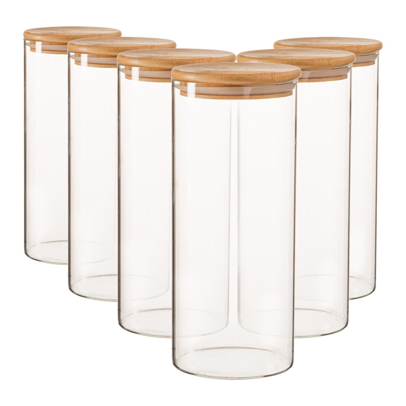 Argon Tableware - Scandi Glass Storage Jars with Wooden Lids - Set of 6, 23cm H x 10cm W x 10cm D