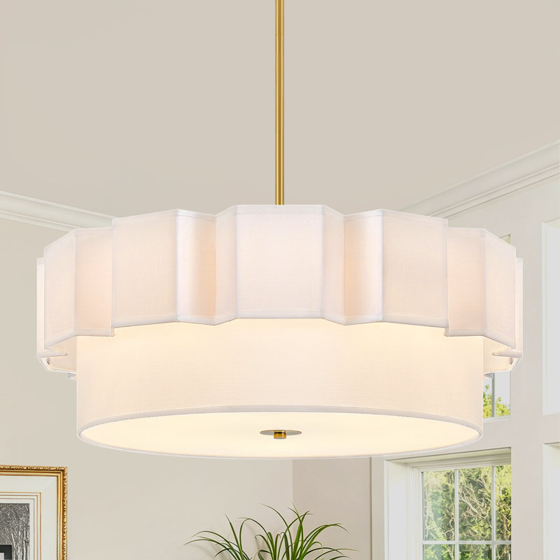 Lustre tambour 5 lumières en tissu de style campagne moderne pour le salon, la cuisine, l'entrée, le couloir, White, Gold