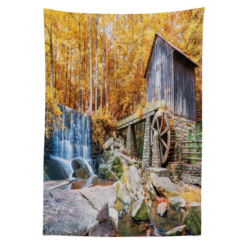 Ambesonne Waterfall Tablecloth, Fall Season Image Of Historical Water Mill And Waterfall Outdoor Nature Art, Rectangular Table Cover For Dining Room Kitchen Decor, 52" X 70", Yellow Brown