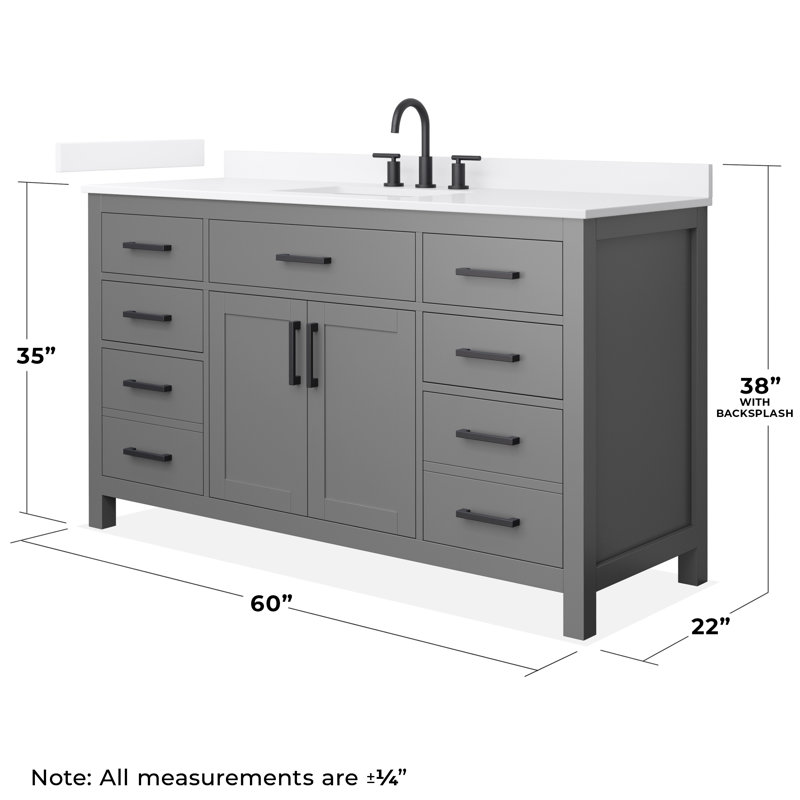 Beckett 60" Freestanding Single Bathroom Vanity with Quartz Top, White Quartz, Matte Black, Dark Gray