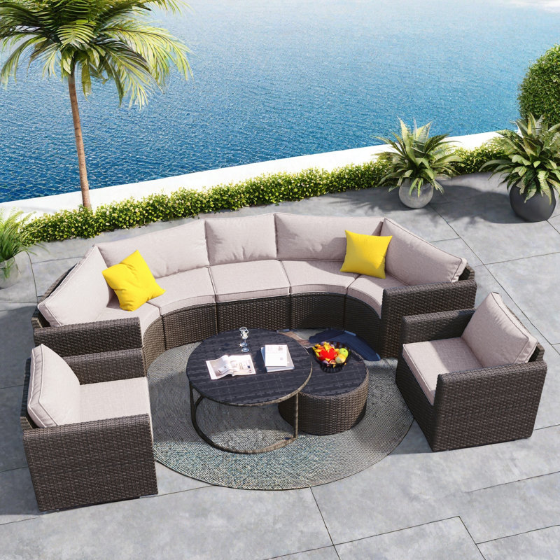 9-piece Outdoor Half-moon Wicker Conversation Sets With 1 Nesting Coffee Table And Tempered Glass Top