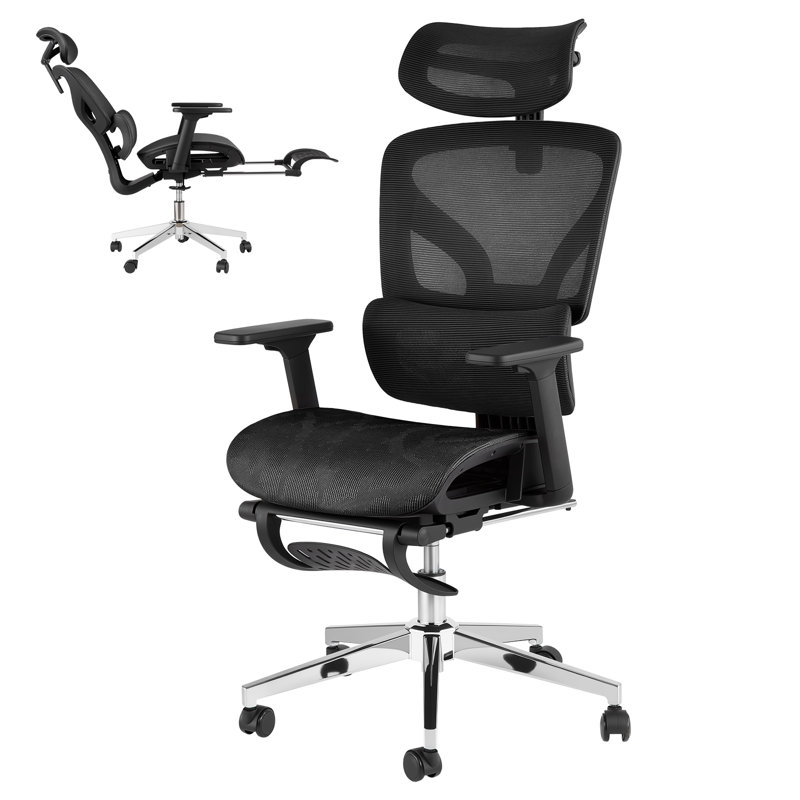 Ergonomic High Back Mesh Office Chair – Retractable Footrest, 4D Adjustable Armrests, Lumbar & Headrest Support, 145° Recline – Heavy Duty Swivel Executive Chair