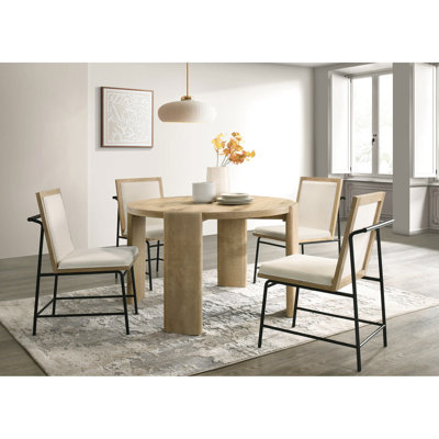 47-inch Round Dining Table With Cream Upholstered Chairs, Solid Rubberwood And , 1 4 30.5-inch Height, 19.5-inch Seat Height Diameter, Material, 17-inch Depth