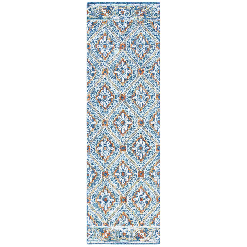 Tapis en laine / coton touffeté à la main Muhsin bleu marine / jaune, Tapis de couloir 2 pi 3 po x 10 pi