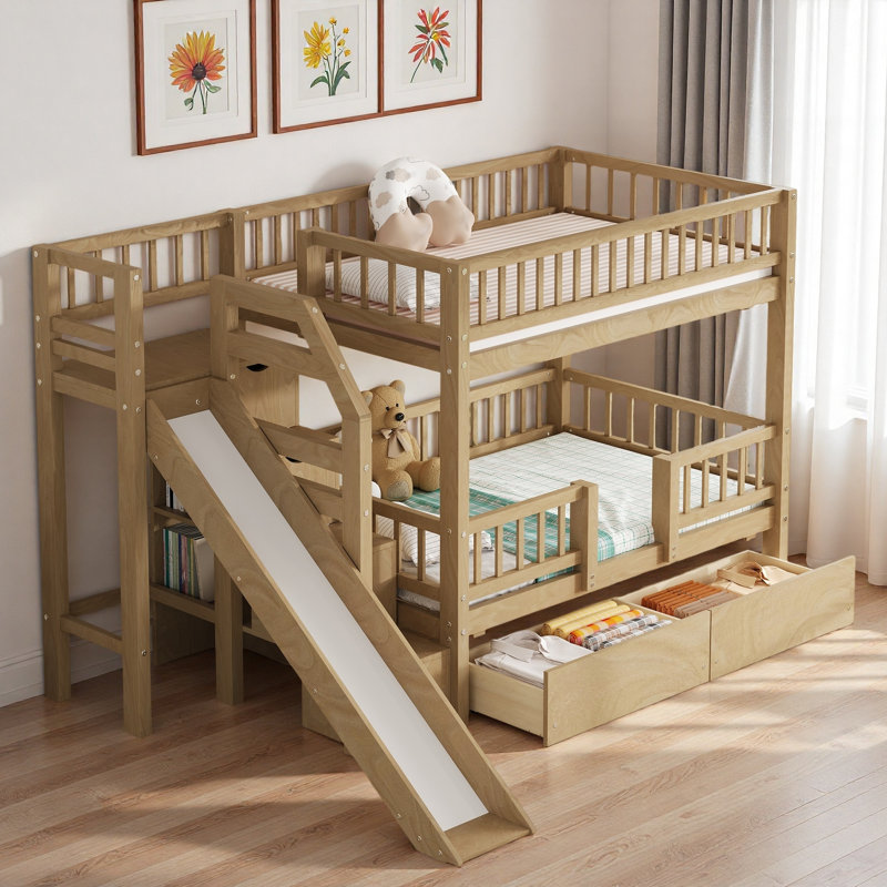 Lit superposé avec escalier de rangement, glissade et 2 tiroirs, Noyer