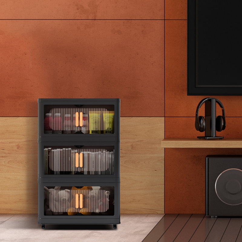 Foldable Palstic Storage Cabinet , Storage Bins With Locking Wheels And Magnetic Door
