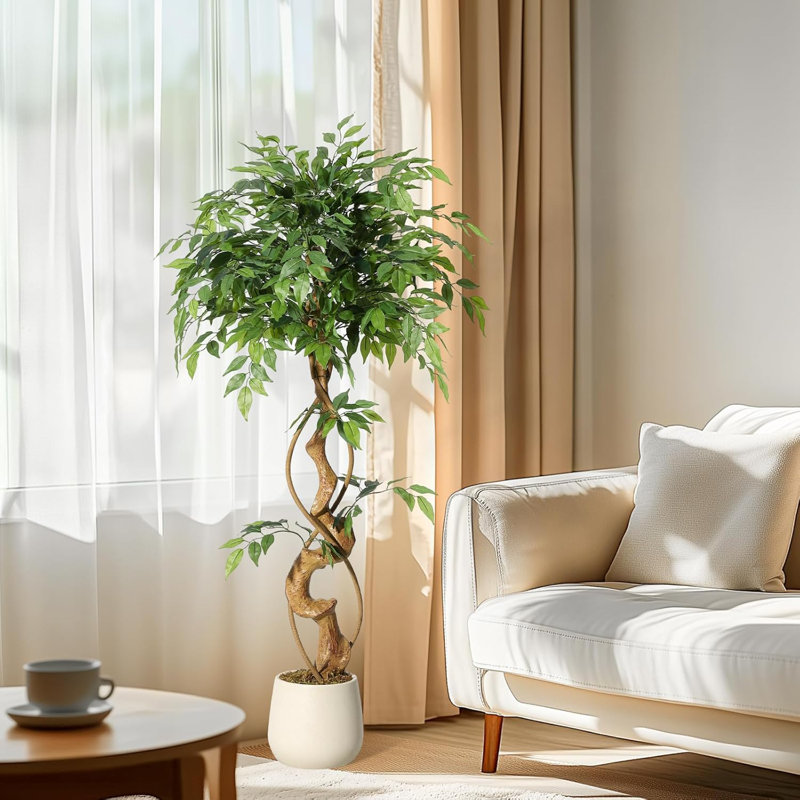 Ficus Artificial Tree with Curved Trunk,4 Feet Faux Plant Fake Silk Trees with White Pot, Fake Ficus Tree for Home Decor, Artificial Plants Indoor for Indoor Office Living Room