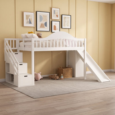 Lit mezzanine en bois avec escalier de rangement, glissade et garde-robe intégrée