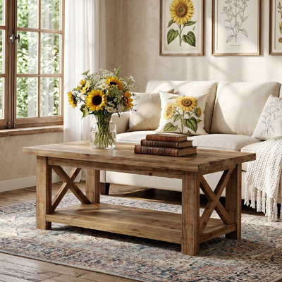 47.24" Rectangular Solid Wood Coffee Table with 2-Tier Shelf for Living Room
