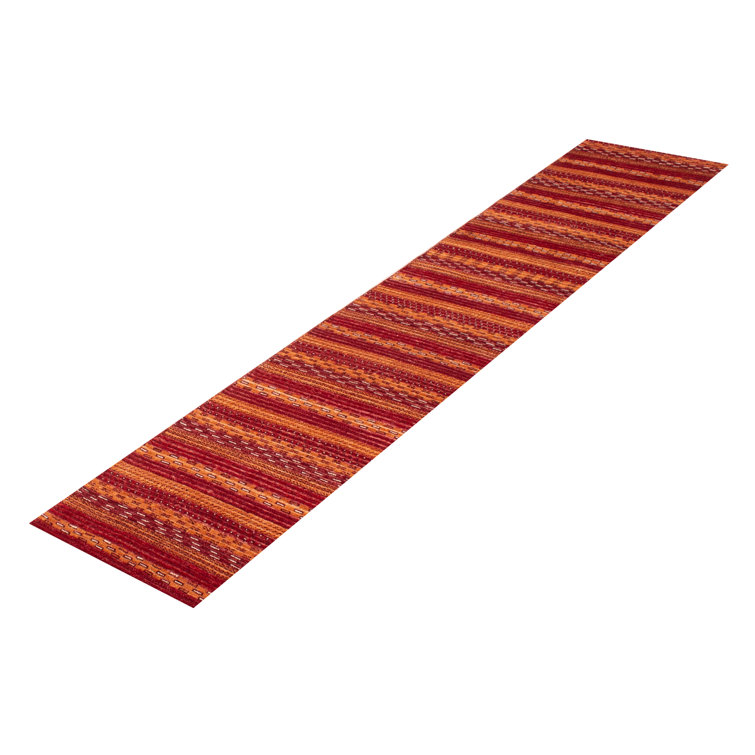 Tapis de couloir rayé rouge foncé / orange en laine noué à la main 2 pi 6 po x 12 pi 5 po