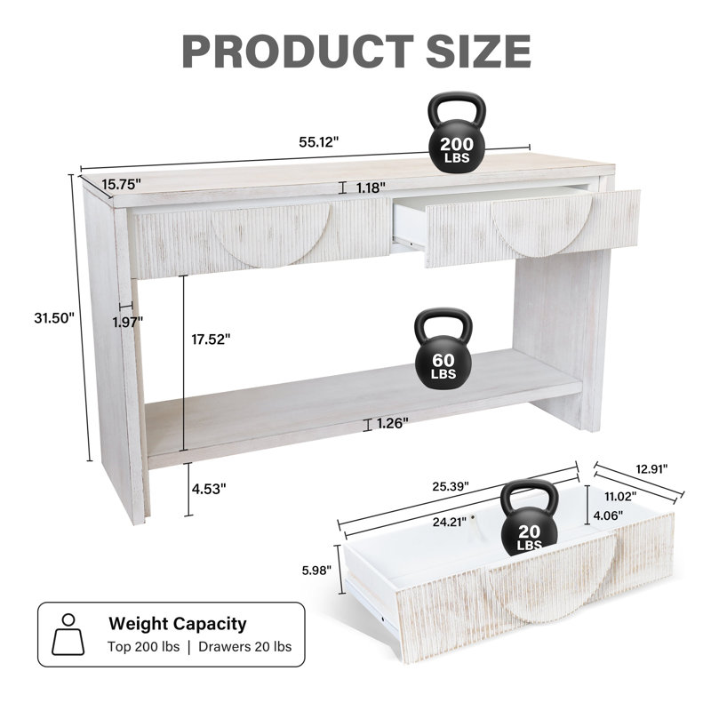 55.12" Wood Distressed Pattern Console Table Sofa Table With Two Drawers And Bottom Shelf Easy Assembly, White