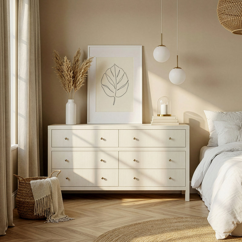 Celine 60 in. W Raffia 6 Drawer Dresser, Beige, Beige
