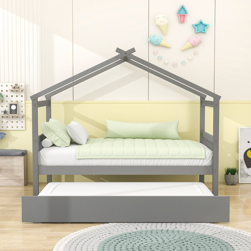 Lit en bois en forme de maison avec lit gigogne escamotable et tête de lit, Gris, Simple