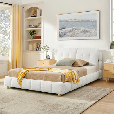 Queen Cream Style Bouclé Fabric Platform Bed, Soft Cloud-Like Upholstered Frame With Solid Wood Legs
