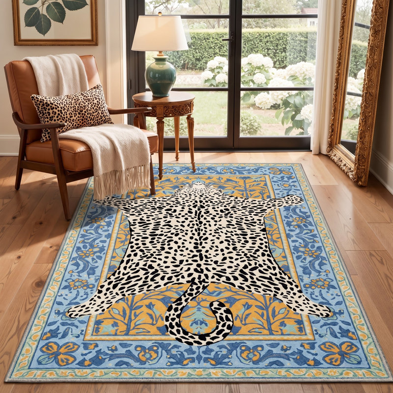 Alinda Savanna Animal Print Machine Washable Blue / Yellow / Beige Indoor Area Rug with Non-Slip Backing, Rectangle 6' x 9'