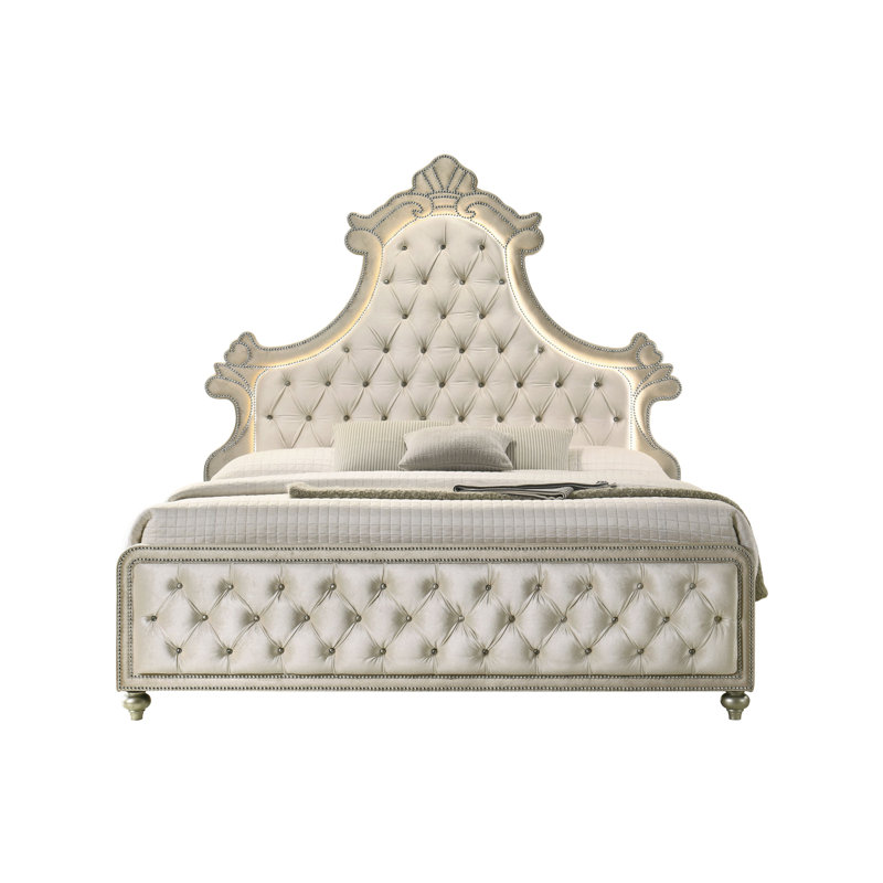 Beige Velvet Queen Bed with Tufted Headboard and LED