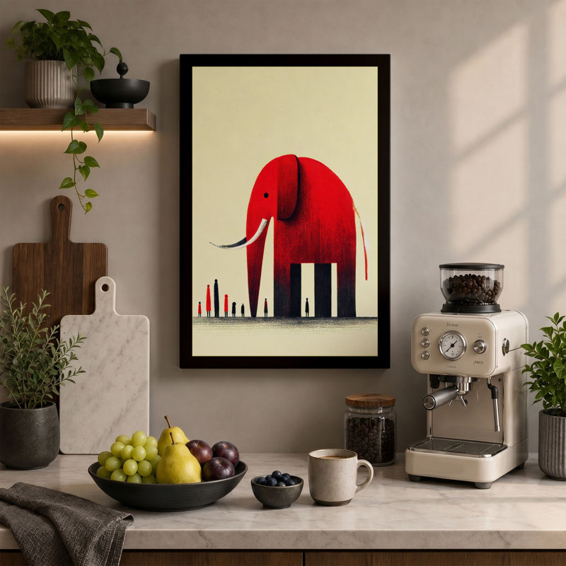 Elephant Over City Modern - Print, 30x20 - 76.2 x 50.8 cm, Teal Border
