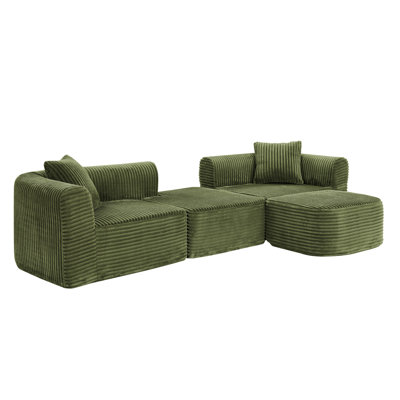 114" Cloud Sectional Couch with L-Shape Chaise, Modular Sofa  with Movable Ottoman, Upholstered Couches for Living Room Bedroom, No Assembly Required, Green