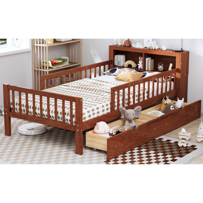 Twin Bed With Walnut Headboard Storage And Guardrails For Peace Serenity