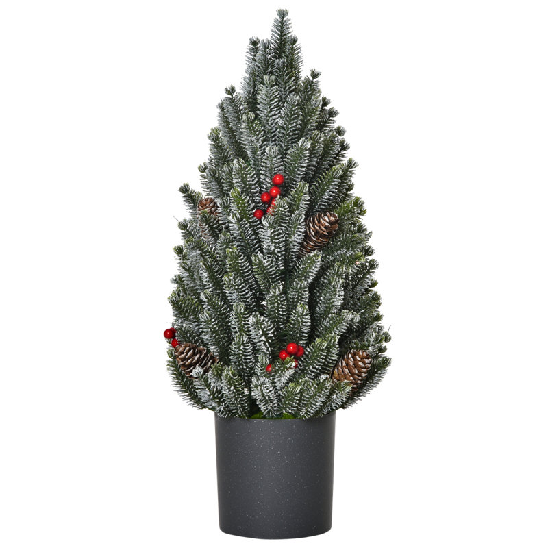 18" Tall Unlit Miniature Snowflocked Tabletop Artificial Christmas Tree, Holiday Decoration With Pine Cones And Berries