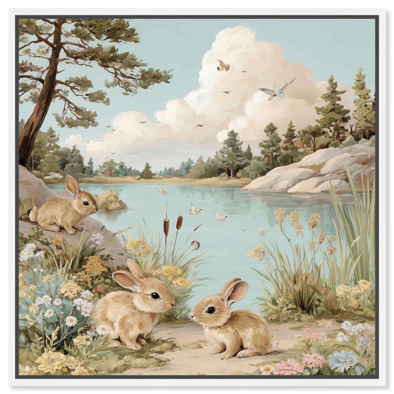 Impression sur toile Lakeside Bunny Haven par Art Remedy, cadre blanc, 40 x 40, H 41 po x l 41 po, Cadre blanc