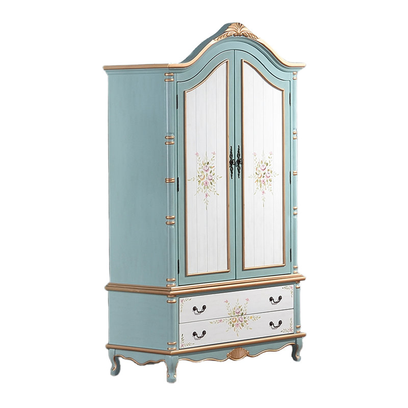 Rustic Two-Door Wardrobe with Drawers&Hanging Rod