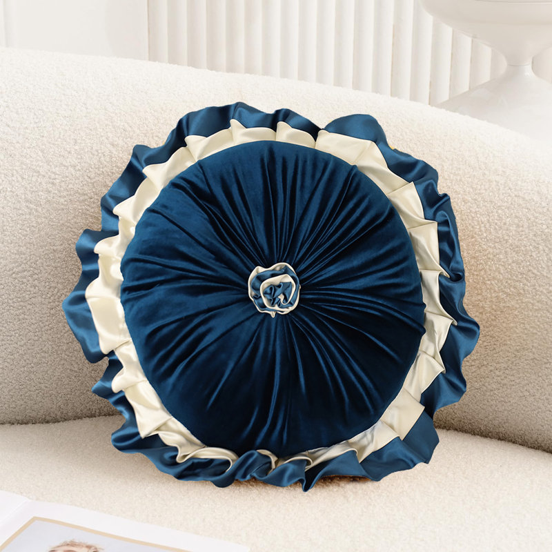 Ruffled Velvet Reversible Throw Pillow, Navy Blue, 14.9"H x 14.9"W