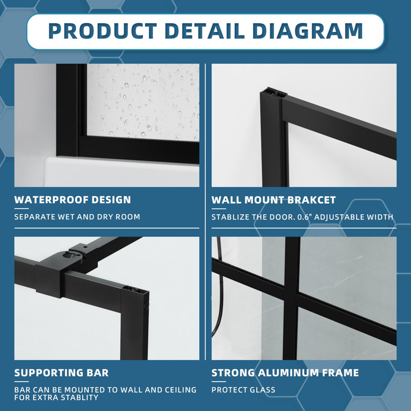 34" x 72" Black Framed Clear Tempered Glass Shower Door