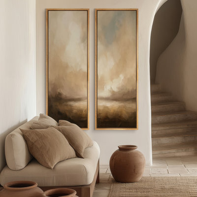 Brown Cloudscape Horizon Glow - Set of 2 Framed Wall Art Print on Canvas 60"x20"x2pcs