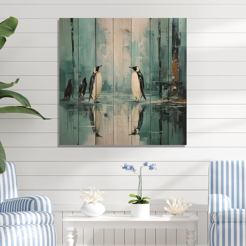 Penguin Family Elegance In Snow I - Penguin Wood Art On Natural Pine Wood, 36" H x 36" W