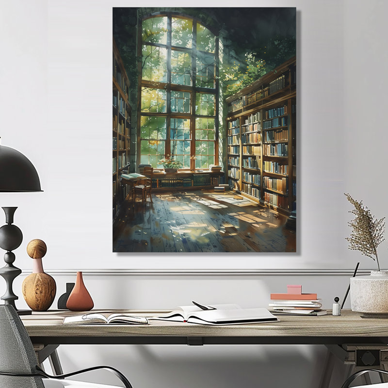 Bibliothèque verte et brune, Quiet Haven II - Art encadré avec bibliothèque, H 12 po x l 20 po, Sans cadre, métal